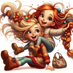 Quirky Playful Friends Girls Clip Art High Res Happy Girls Watercolour for Cards Making Scrapbooking Downloads JPG for Mixed Media Downloads