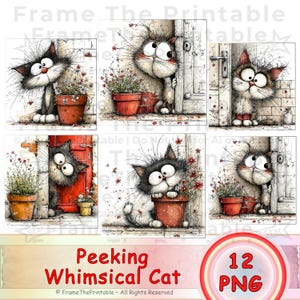 May include: Six illustrations of a cartoon cat peeking from behind objects. The cats are black and white with large eyes. Each image has a different background, including doors and flower pots. The text "Peeking Whimsical Cat" is at the bottom.