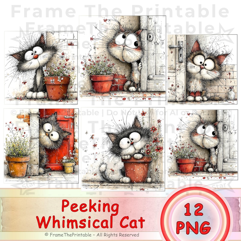 May include: Six illustrations of a cartoon cat peeking from behind objects. The cats are black and white with large eyes. Each image has a different background, including doors and flower pots. The text "Peeking Whimsical Cat" is at the bottom.