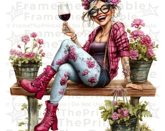 Funny Grandma Wine Clipart: Whimsical Floral Garden Art, Relaxing Lady PNG Set (300 DPI Digital Download)