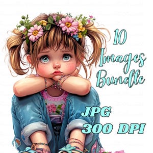 Eigenzinnige kleine meisjes illustraties, grillige gelukkige kinderen kunst, digitale meisje clipart, Instant Download JPG 300 DPI, commercieel en persoonlijk gebruik