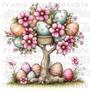May include: Watercolor illustration of an Easter tree with pastel-colored eggs and pink flowers. The tree trunk is brown, and the eggs are decorated with patterns. The image has a whimsical, springtime theme.