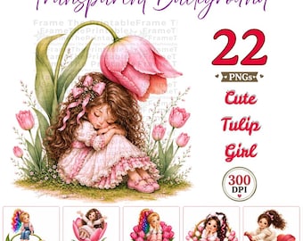 22 Cute Tulip Girl Clipart PNG, Whimsical Watercolor Flower Girl Bundle, Floral Clipart, Sublimation, Commercial Use