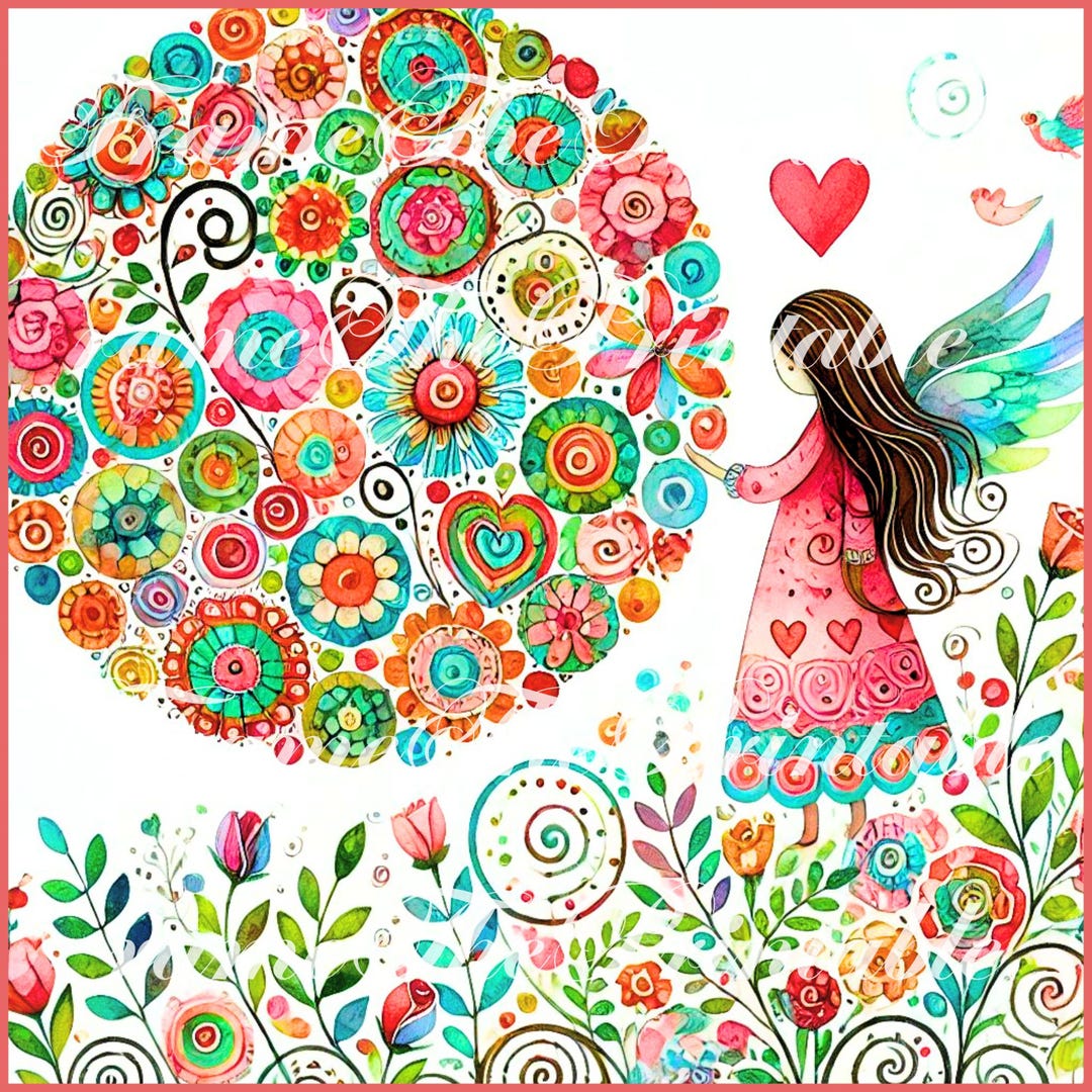 Valentine Angel Clipart Set, Vibrant Whimsical Folk Fantasy Angels With ...