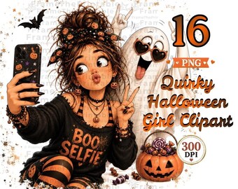 Quirky Halloween Girl Clipart, Funny Spooky Characters, Whimsical 16 PNG Set, Halloween Digital Illustrations