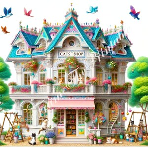 10 猫の宮殿ショップのビンテージ スタイルのクリップアート、動物の店のイラスト、かわいい子猫の店のセール、ジャンク ジャーナリング、スクラップブッキング、300dpi JPG