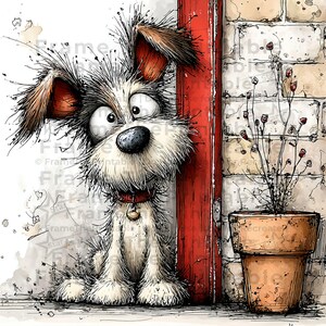 May include: Whimsical watercolor illustration of a dog with large eyes, wearing a red collar with a bell. The dog is positioned next to a red door frame and a terracotta pot with a plant. The style is cartoonish with a textured effect.