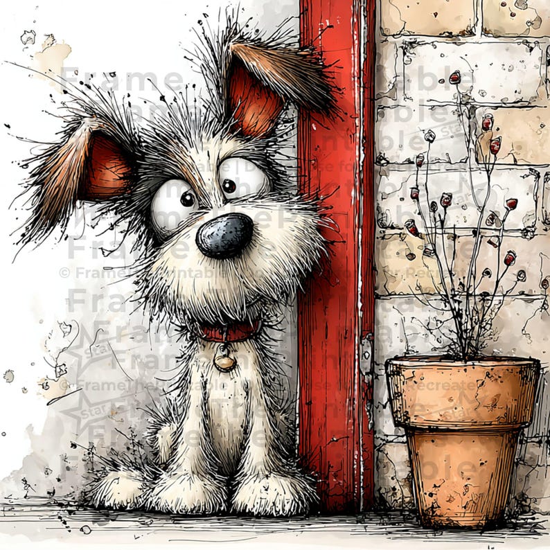 May include: Whimsical watercolor illustration of a dog with large eyes, wearing a red collar with a bell. The dog is positioned next to a red door frame and a terracotta pot with a plant. The style is cartoonish with a textured effect.