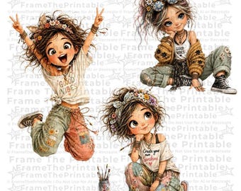 Quirky Girl Clipart PNG, Whimsical Boho Girl, Cute Curly Hair Girl, Watercolor Character Clipart