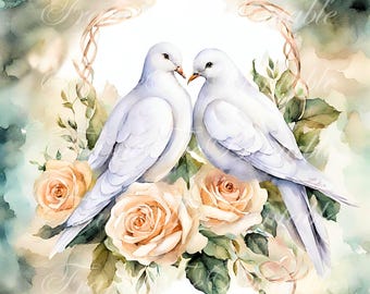 Bundle de cliparts mariage colombe PNG, 13 colombes blanches avec roses, clipart oiseaux romantiques 300 DPI, aquarelle amour colombe pour cartes et faire-part