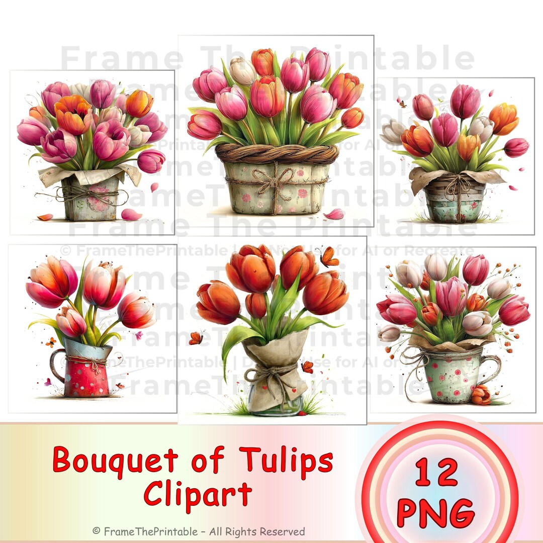 Bouquet of Tulips Clipart Set, Watercolor Spring Flower Illustrations ...
