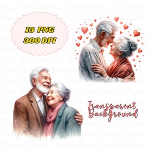 Clipart de couple de personnes âgées, PNG amour senior romantique, 13 images haute résolution, art amour automne vintage, ensemble de téléchargement d'art sur fond Transparent