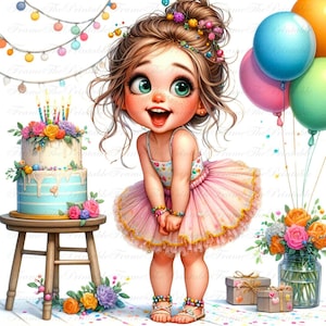Clipart anniversaire petite fille, fille florale avec gâteau et ballons, fille heureuse lunatique, aquarelle de gâteau d'anniversaire, pack de téléchargement numérique