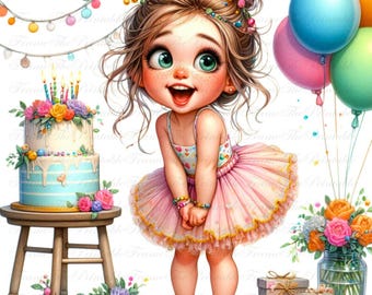 Geburtstag kleines Mädchen Clipart, Blumenmädchen mit Kuchen und Luftballons, wunderliches glückliches Mädchen, Geburtstagstorte Aquarell, digitaler Download-Pack