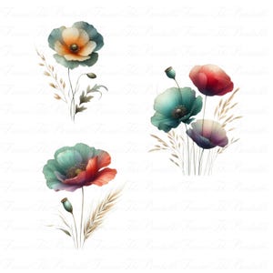 Clipart coquelicot aquarelle, lot de fleurs vertes jaunes bleues, mariage floral design PNG, art numérique haute résolution, fond transparent