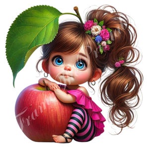 Jolie fille avec pomme pour baby shower anniversaire 12 JPG pour carte Clip Art lunatique bébé fille haute résolution téléchargement numérique journalisation commerciale