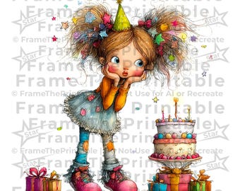 Quirky Birthday Girl Clipart 16 PNGs with Balloons Gifts Cake Fun Party Illustrations Digital Scrapbook Cards Party Decor DIY Crafts