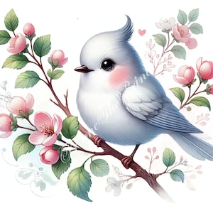 Birds Floral Clip Art, 12 Aesthetic Birds Blossom Printable Watercolour High-Quality Digital Papercraft Junk Journal Invitation Cards Making