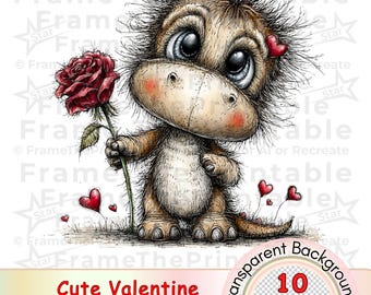 Söt Alla hjärtans dag-dinosaurie Clipart, Bedårande kärleksdinosaurier med rosor och hjärtan, Nyckfulla Alla hjärtans dag-illustrationer, 10 PNG