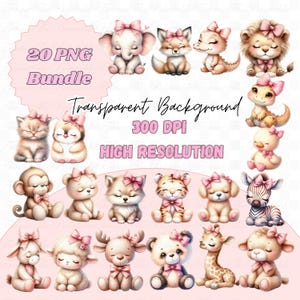 Clipart animaux mignons de la jungle, bébés animaux Safari énervés, aquarelle pastel rose, fabrication de cartes pour baby shower, téléchargement numérique aquarelle