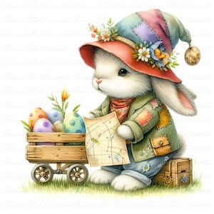 Könnte beinhalten: Ein weißes Kaninchen, das einen roten und grünen Hut mit einer Blumenkrone trägt, eine Karte hält und neben einem Holzkarren steht, der mit bunten Ostereiern gefüllt ist.