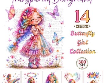 Rainbow Butterfly Girl Clipart, Whimsical Fairy PNG Bundle, 14 Transparent PNGs for Crafts, Cards and Sublimation