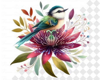 Colorful Birds And Flowers Clipart Set, Cute Songbirds PNG, Transparent Background Bird Illustrations For Scrapbooking And Crafts