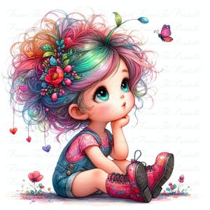 Cute Baby Girl with Butterfly Clipart, Girl Watercolour Bundle, 14 High Res Nursery Images, Commercial Whimsical Baby Girl Digital Clip Art