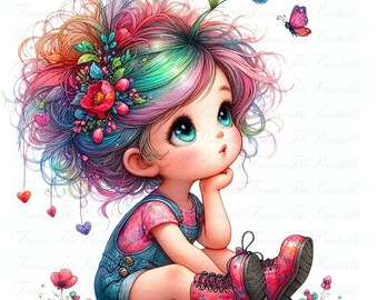 Linda niña con imágenes prediseñadas de mariposas, paquete de acuarelas para niñas, 14 imágenes de alta resolución para guardería, imágenes prediseñadas digitales comerciales y originales para bebés.