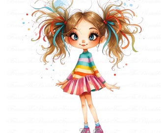 Whimsical Pigtail Girl Clipart: Pastel Watercolor PNG Bundle (Digital Download)