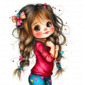 Adorable niña pequeña, niña caprichosa con trenzas, descarga instantánea, conjunto de muñecas digitales, imágenes de arte comercial JPG 300 DPI