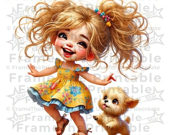 Chica rubia peculiar con cachorro: imágenes PNG de acuarela de una linda chica y un perro para scrapbooking y creación de tarjetas.