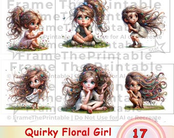 Schrullig Mädchen Clipart, süsse Cartoon wunderliche Puppe PNG, lustige Fantasy Illustrationen für Junk Journal, Papiermodelle, druckbare digitaler Download