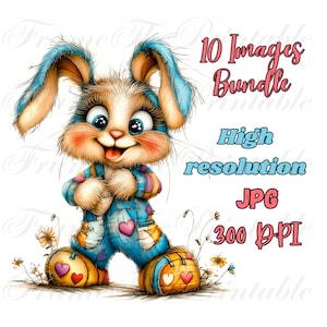 10 niedliche lustige Kaninchen Clipart, Blumen Aquarell Kunst JPG Junk Journal Scrapbooking, Karte, die digitale Download Fantasie, wunderliche Häschen