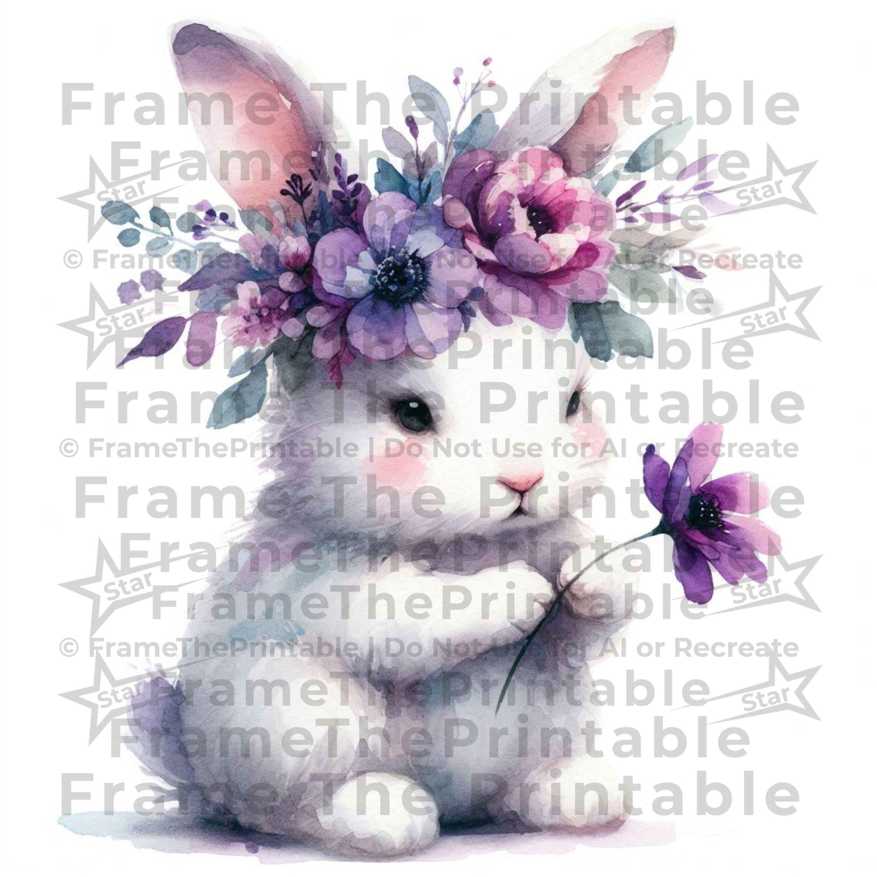 春のうさぎと紫の花の水彩画クリップアート かわいいうさぎの花のPNG