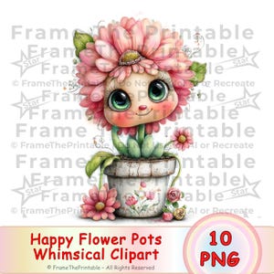 Op de afbeelding: Een grillige illustratie van een bloempot met een lachend bloemgezicht. De bloem heeft roze bloemblaadjes, groene ogen en een kleine glimlach. De pot is wit met bloemmotieven. De tekst luidt "Happy Flower Pots Whimsical Clipart".