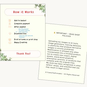 May include: Two cream-coloured cards with text. One card says "How it Works" and lists steps for purchasing and downloading files. The other card says "Important - Read Shop Policies" and details usage restrictions. Green leaf accents frame the cards.