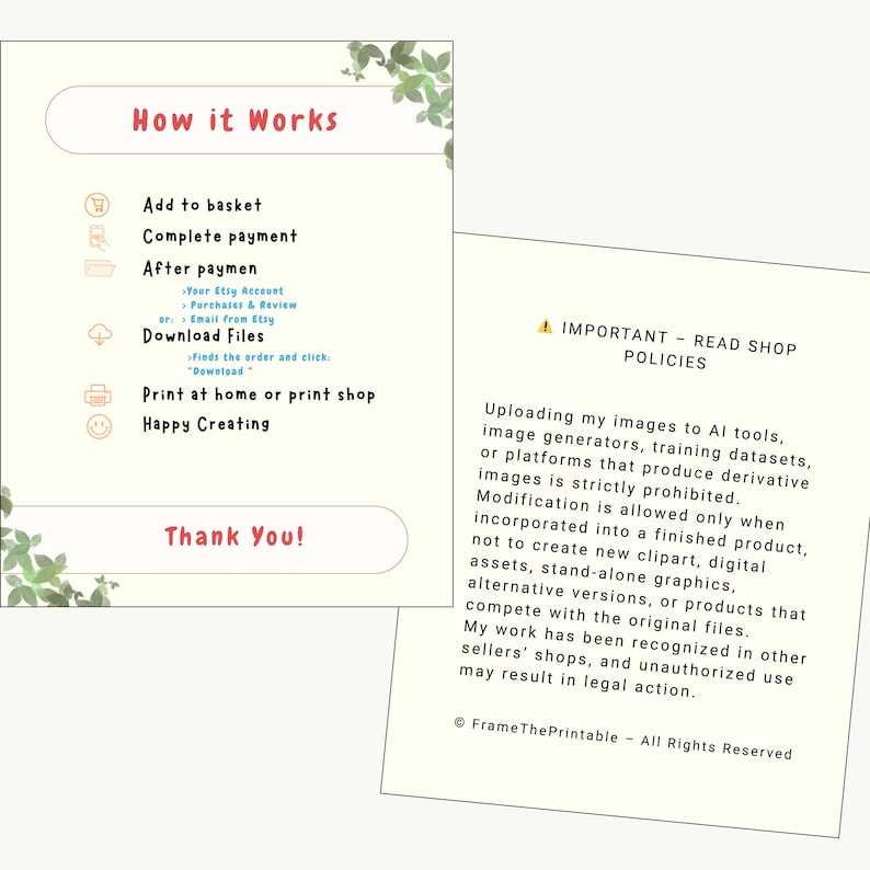 May include: Two cream-coloured cards with text. One card says "How it Works" and lists steps for purchasing and downloading files. The other card says "Important - Read Shop Policies" and details usage restrictions. Green leaf accents frame the cards.