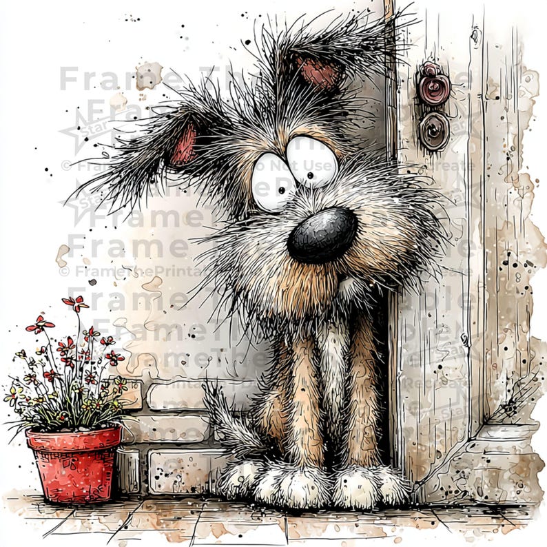 May include: Whimsical watercolor illustration of a shaggy dog peeking around a door. The dog has large, expressive eyes and a black nose. A red flower pot sits next to a brick wall. The image has a charming, cartoonish style.