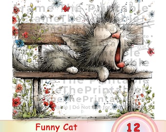 Funny Cat in the Garden Clipart, Whimsical QuirkyCats Watercolor Illustrations, 12 PNG Digital Download