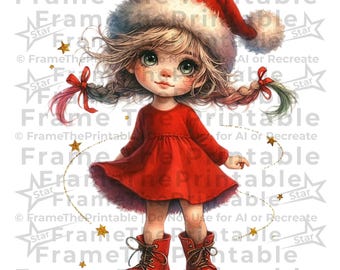 Conjunto de imágenes prediseñadas de niñas navideñas: Niñas alegres con gorros de Papá Noel, 15 PNG de alta resolución de 300 DPI y fondos transparentes para tarjetas y manualidades.