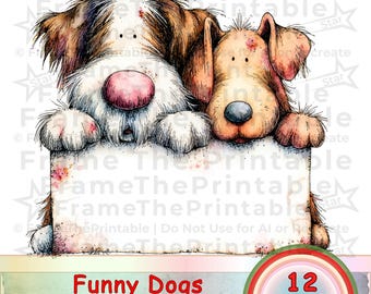 Funny Dogs Clipart with Tags, Cute Cartoon Puppy Illustrations, 12 PNG High Resolution, Digital Download
