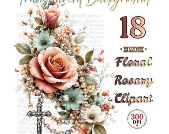 Floral Rosary Clipart: 18 Watercolor Catholic PNGs, Cross & Crucifix Illustrations