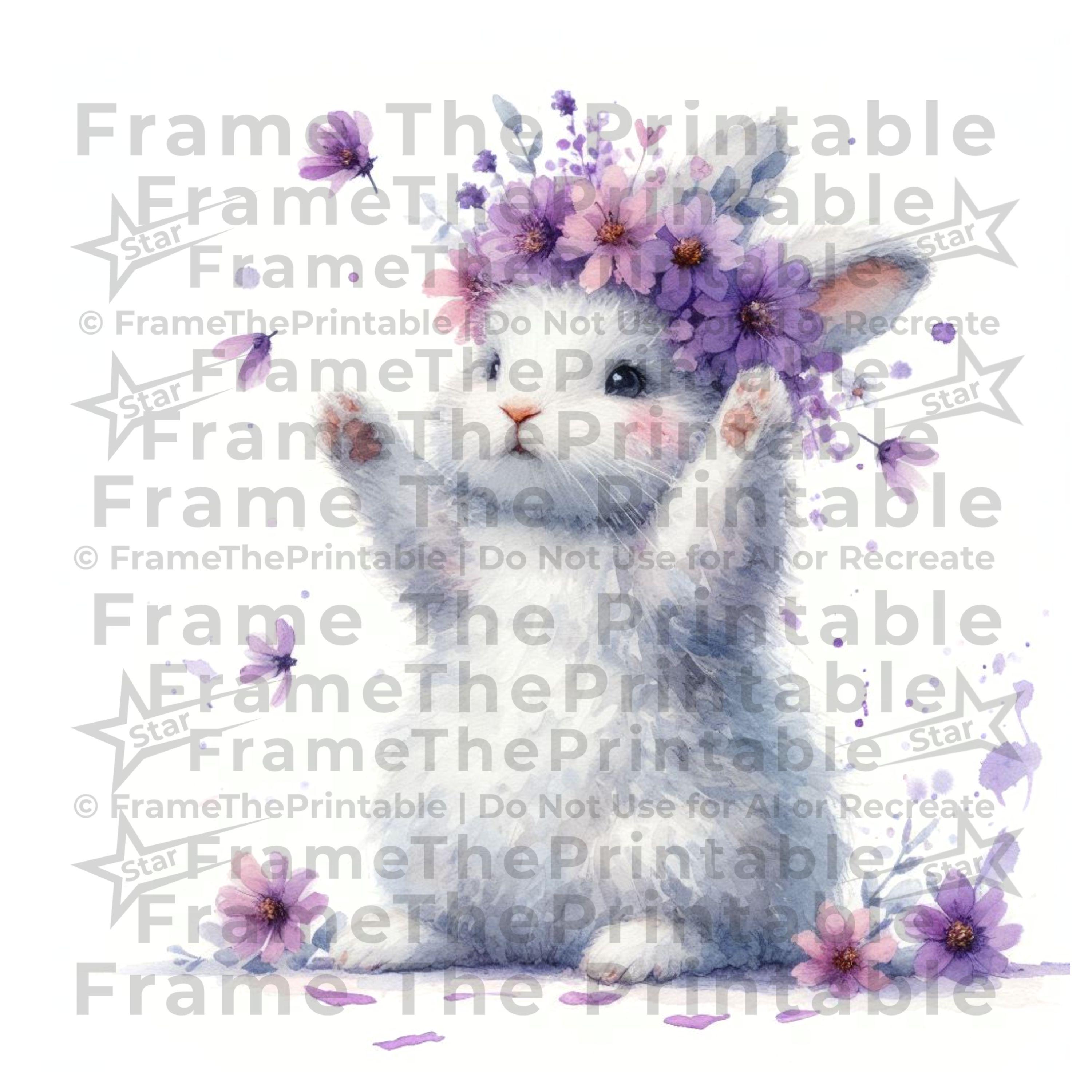 春のうさぎと紫の花の水彩画クリップアート かわいいうさぎの花のPNG