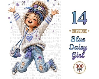 14 Blue Daisy Girl Clipart Bundle, Floral Denim Fashion PNG, Cute Whimsical Character Set