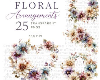 Watercolor Floral Arrangements, 25 Flower Frames & Wreath PNGs, Transparent