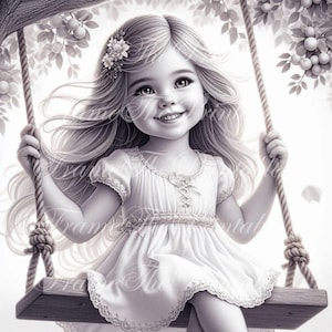 Süße kleine Mädchen Clipart, Baby Mädchen auf Schaukel, schwarz & weiß 22 PNG, wunderliche Kinder, Kinderzimmer Kunst, digitaler Download, druckbare Fantasy Set