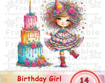 Birthday Girl Clipart PNG Cute Kids Party Illustrations for Cards and Invitations 14 PNG Digital Art