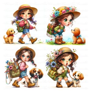 May include: Four digital illustrations of a young person with a puppy. Each image shows a person wearing a hat, backpack, and boots, walking with a small dog. The person is wearing denim shorts and overalls. The dogs are various shades of brown and white.