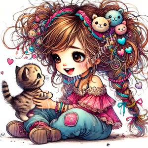 Quirky Girl with Kitten Clipart, Watercolour Cartoon, Junk Journal, Scrapbooking, Card Making, Commercial Use, 10 JPG, Digital Art, 300 DPI